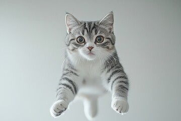 Obraz premium Adorable grey tabby kitten playfully levitating against a soft background, exuding whimsy and charm. Perfect for pet blogs, social media, and marketing visuals.
