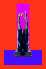 3D collage poster template trend artwork sketch of abstract huge size waterproof gumboots autumn season hands appear hold dice gambling