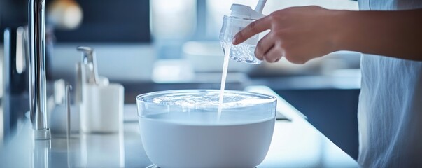 Person fills humidifier in modern bathroom
