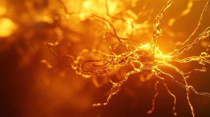 Glowing neuron network, microscopic view, orange background, medical research