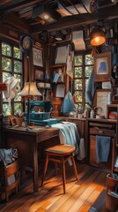 A cozy tailor shop with a sewing machine and fabric. pic