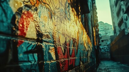 Vibrant Graffiti-Covered Brick Wall in Urban Alleyway