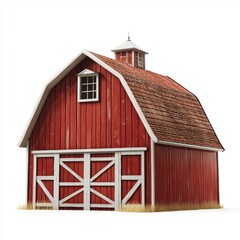 Wooden barn with red paint and white trim, isolated on white background