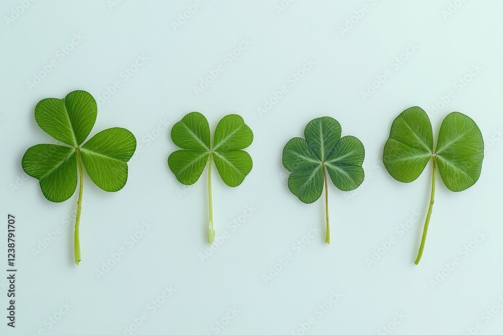 Poster a collection of four-leaf clovers arranged on a clean white surface, ideal for use in illustrations 