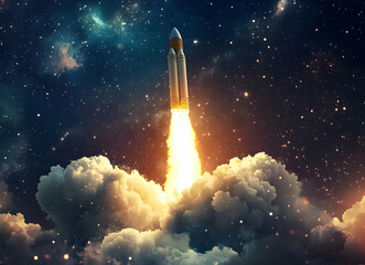 Fototapeta premium Rocket Launch into the Cosmos: A Journey Beyond the Clouds