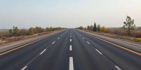 Obraz premium Straight asphalt road stretching into the distance with a few trees on either side, infrastructure development, urban planning