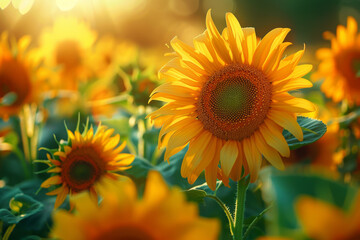 Fototapeta premium Sunflower blooms at sunrise nature photography vibrant garden peaceful environment