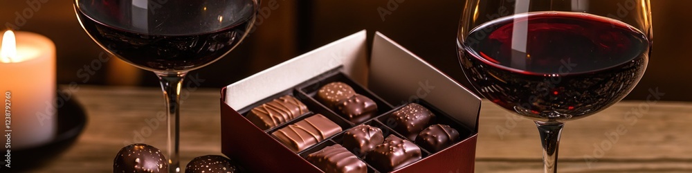 Poster a glass of red wine and a box of chocolates on a table