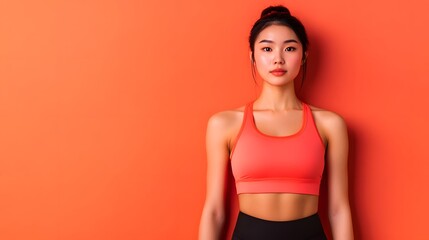Obraz premium Asian Athlete in Sportswear Standing against Pastel Orange Background
