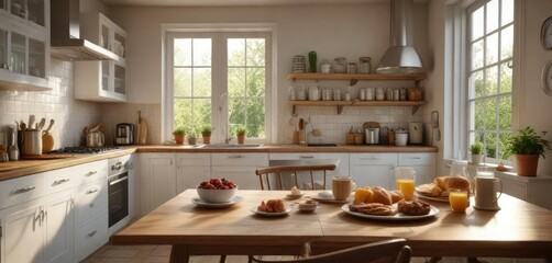 Fototapeta premium sunny morning breakfast scene in a cozy kitchen, inviting atmosphere, chives, cast iron skillet