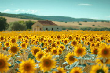 Fototapeta premium Sunflower blooming field countryside nature photography sunny environment wide angle view