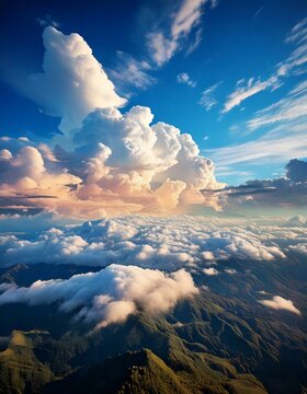 C&eacute;u azul com nuvens volumosas sobre montanhas