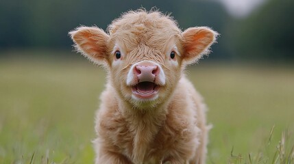 Fototapeta premium Adorable Highland Calf Standing in Grassy Field