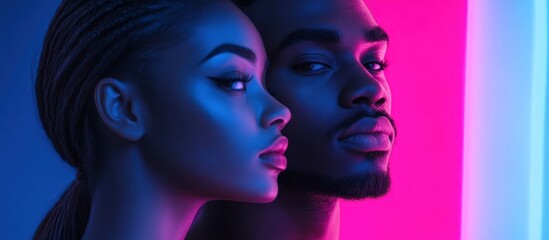 Fototapeta premium Couple's neon portrait, studio, romance, vibrant background, album art