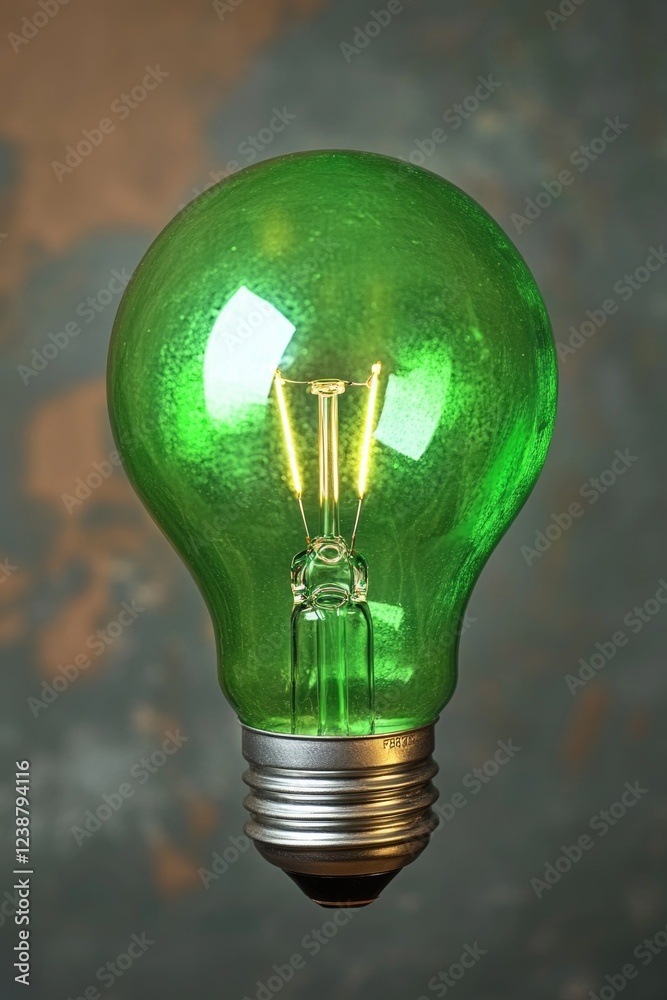 Poster a single green light bulb sits on a table, ready for use