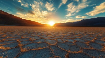 Sunset over cracked earth in a desert valley