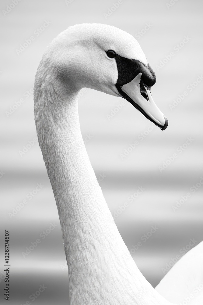 Poster a close-up shot of a swan's head with water in the background