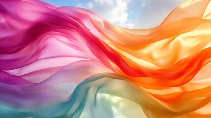 Fototapeta premium Vibrant rainbow fabric flows gently sunlight bathes colorful silk graceful curves. AI Generated