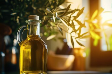A clear glass bottle filled with green olive oil sits on a wooden table