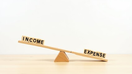Closeup of Wooden Seesaw Balancing Income and Expense