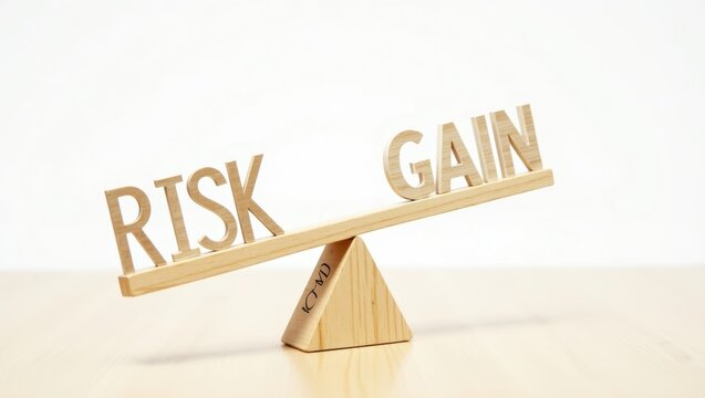 Wooden Seesaw with Risk and Gain Text in Closeup