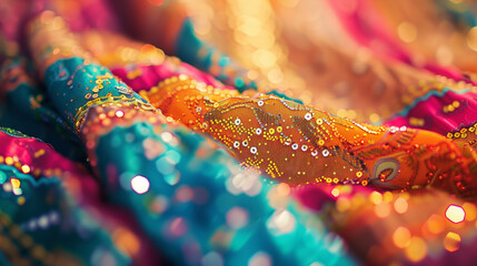 Vibrant Floral Fabric with Sequins, Wind-Blown Artistic Display. Colorful Textile Pattern Creating a Captivating Visual Experience.