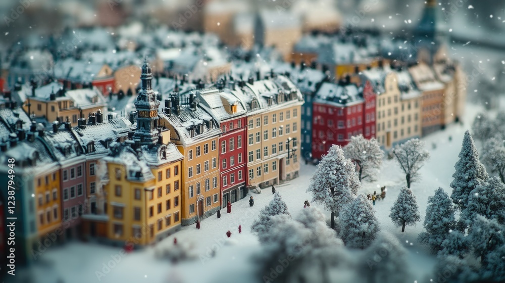 Poster a small scale model of an urban landscape covered in snow, great for illustrations and design projec