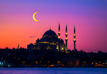Naklejka premium Majestic Mosque at Sunset: A Silhouette of Serenity