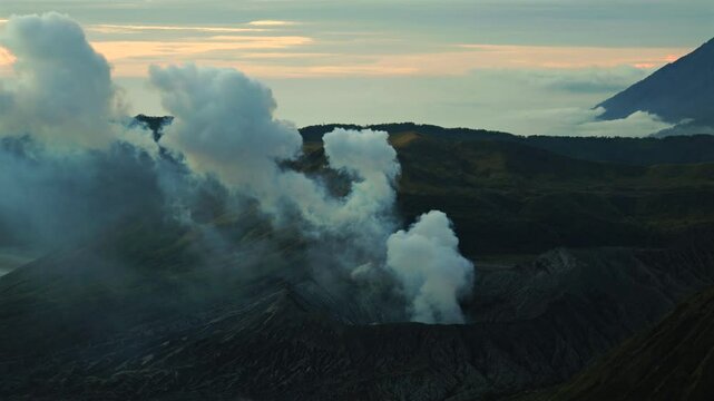 From a King Kong viewpoint at sunrise. Outdoor view of mount Bromo, East Java, Bromo Tengger Semeru National Park, Indonesia.