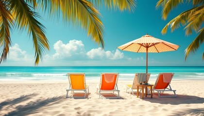 Fototapeta premium Beautiful tropical beach banner. White sand and coco palms travel tourism wide panorama background concept. Amazing beach landscape