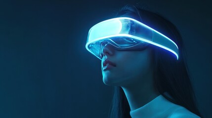 Woman uses futuristic VR headset, glowing blue, dark background, tech advertisement