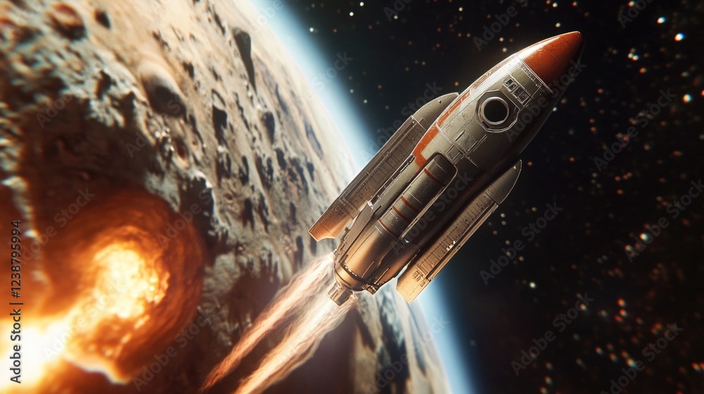 Poster a space shuttle soaring through the atmosphere of a distant planet, with a bright star shining in th