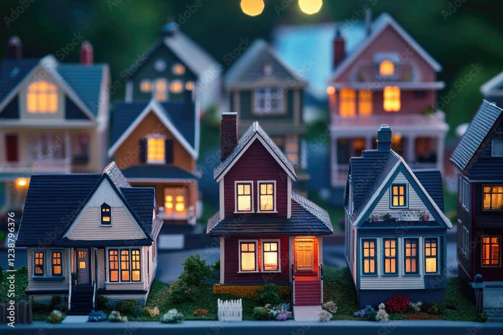 Poster collection of tiny houses arranged on a flat surface, ideal for use in illustrations, designs, and p