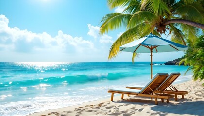 Beautiful tropical beach banner. White sand and coco palms travel tourism wide panorama background concept. Amazing beach landscape