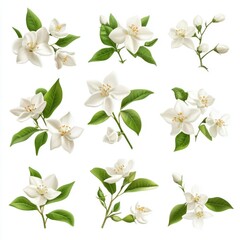 A collection of white flowers and leaves on a simple white background