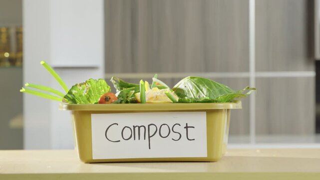 Home composting of food and vegetable waste for sustainability. Leftover vegetables collected in a compost bin for organic fertilizer. Organic waste, food scraps, natural compost, sustainable