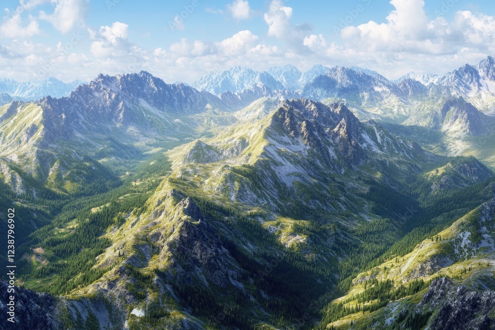 Poster aerial view of a mountain range with varying peaks and valleys