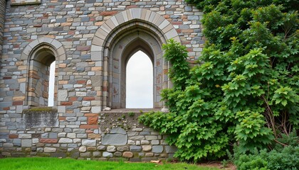 Fototapeta premium Stone wall with arched windows and lush greenery