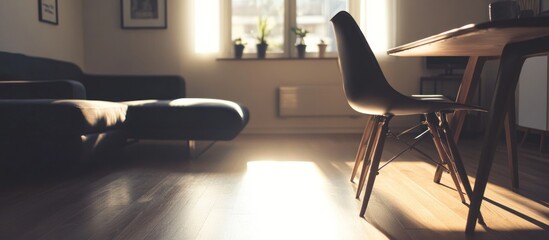 Fototapeta premium Sunny apartment living room, chair near table, sofa, home d?cor