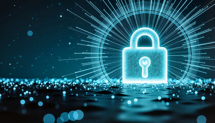 Digital padlock glowing on dark water background for blogs, websites, cybersecurity materials, digital safety campaigns, presentations, and technology-related designs