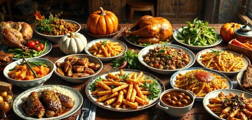 Fototapeta premium Traditional Thanksgiving dinner spread with an assortment of dishes, home-cooked meal, seasonal cuisine