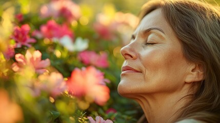 Fototapeta premium A woman relaxes in a beautiful field of flowers, eyes closed