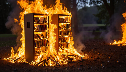 Burning book shelves creating a dramatic scene in a forest for blogs, articles, education, environmental awareness, creative projects, and digital presentations