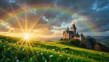 Obraz premium Sunset over castle with rainbow in lush green landscape