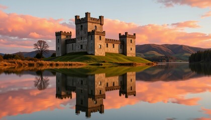 Fototapeta premium Castle reflection on calm lake at sunset