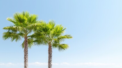 Two palm trees against a bright blue sky, summer vacation backdrop