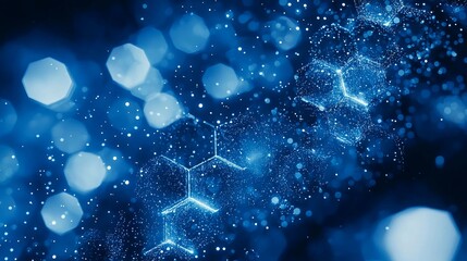 Abstract blue hexagon network, glowing bokeh background, technology concept, website header