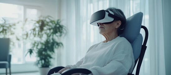 Senior woman uses VR headset in bright home therapy
