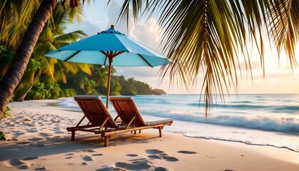 Obraz premium Beautiful tropical beach banner. White sand and coco palms travel tourism wide panorama background concept. Amazing beach landscape