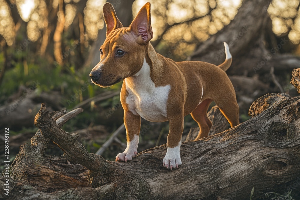 Poster a brown and white dog standing on a log in a natural setting